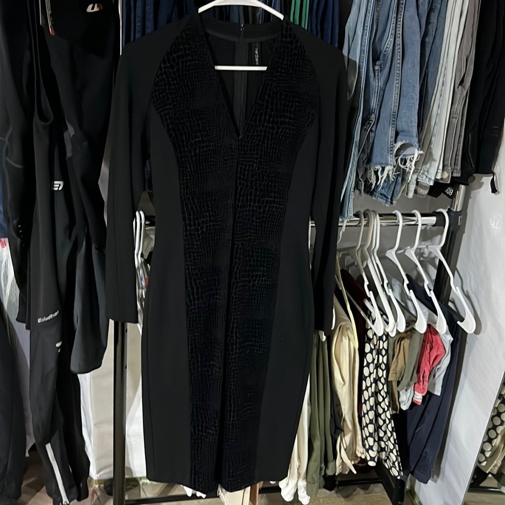 Marc Cain black long sleeve dress with v neck and velvet detailing. Size 2